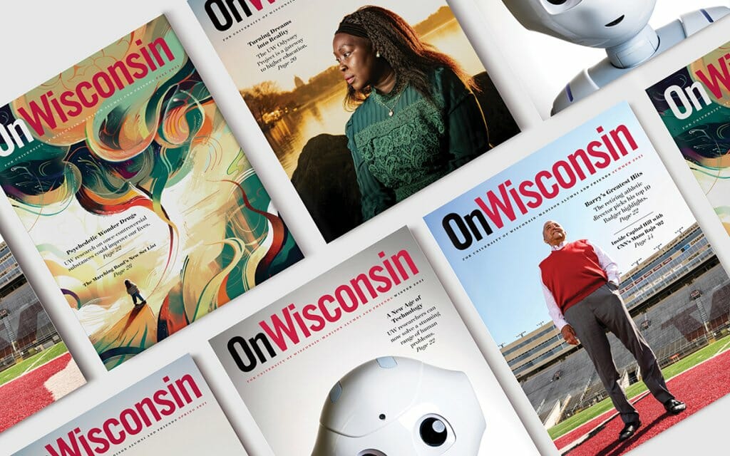 Several covers of the On Wisconsin Magazine are laid out in a grid