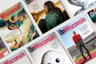 Several covers of the On Wisconsin Magazine are laid out in a grid