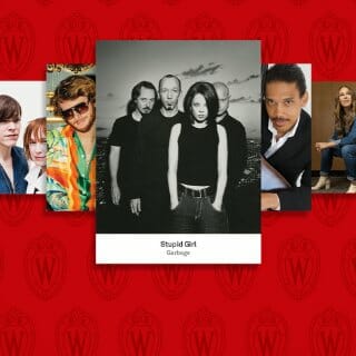 Band album covers super-imposed over a red background dotted with the UW crest
