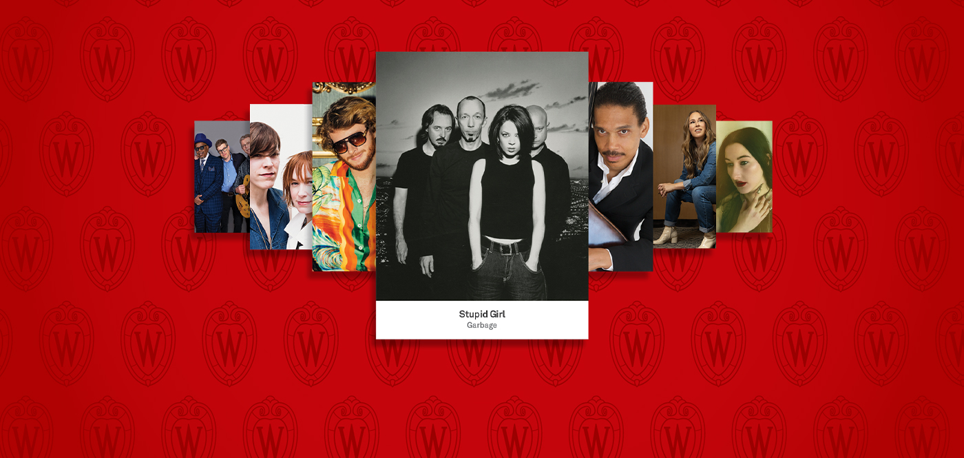 Band album covers super-imposed over a red background dotted with the UW crest