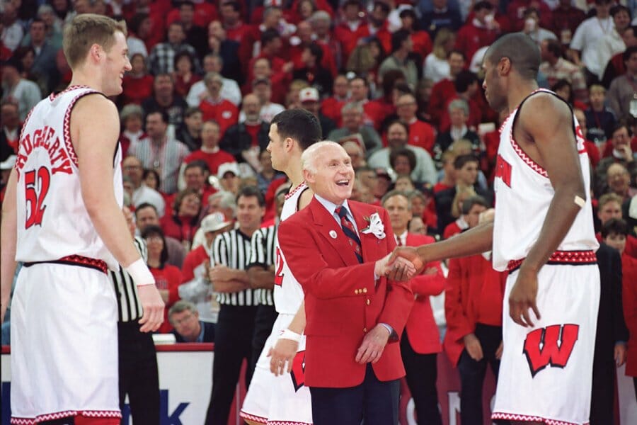 Senator Herb Kohl greets men's basketball players prior to the tossing up the ceremonial jump ball opening the Kohl Center on 1/17/98.
© UW-Madison News and Public Affairs  608/262-0067
Date: 01/98
File#:  9801-23c-19a
Photo by:  Jeff Miller