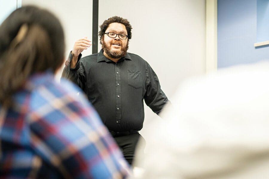 Steven Wright lectures in a classroom