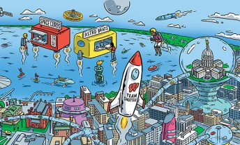 Complex illustration in the style of "Where's Waldo" that depicts a futuristic UW-Madison campus