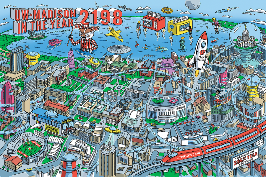 Complex illustration in the style of "Where's Waldo" that depicts a futuristic UW-Madison campus with high speed rail, rockets, jet packs, and a giant Bucky Badger wading through Lake Mendota.