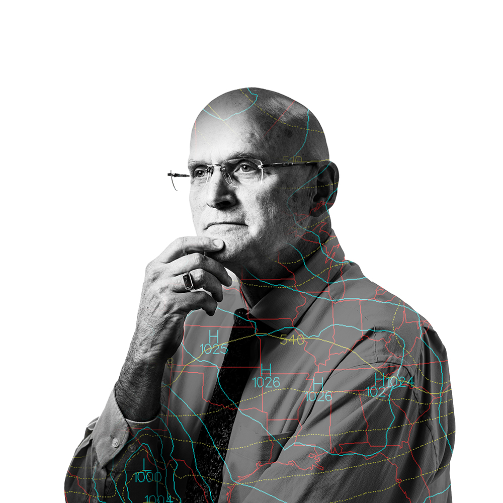 Photo illustration of image of Steve Ackerman overlaid with map lines and coordinates