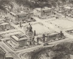 Grayscale drawing circa 1908 of proposed campus Library Mall building plan