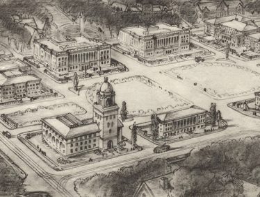 Grayscale drawing circa 1908 of proposed campus Library Mall building plan