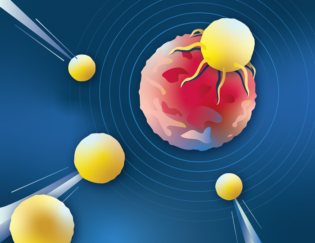 Illustration of microscopic virus attacking cell