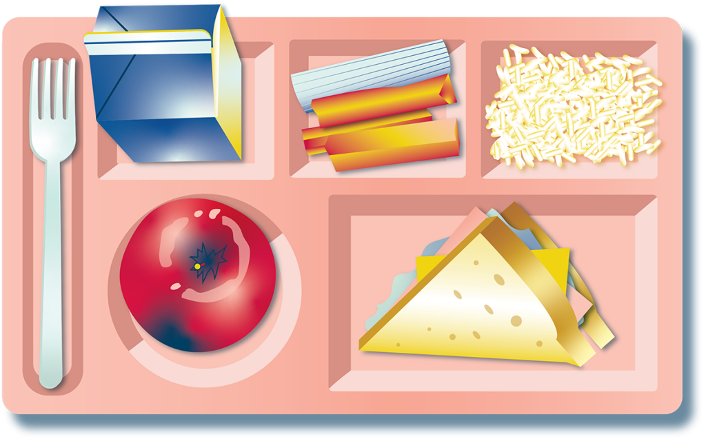 Illustration of school lunch tray with compartments filled with food items