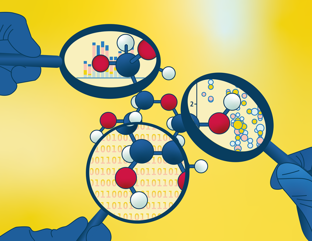 Illustration of hands holding magnifying glasses over a molecular structure