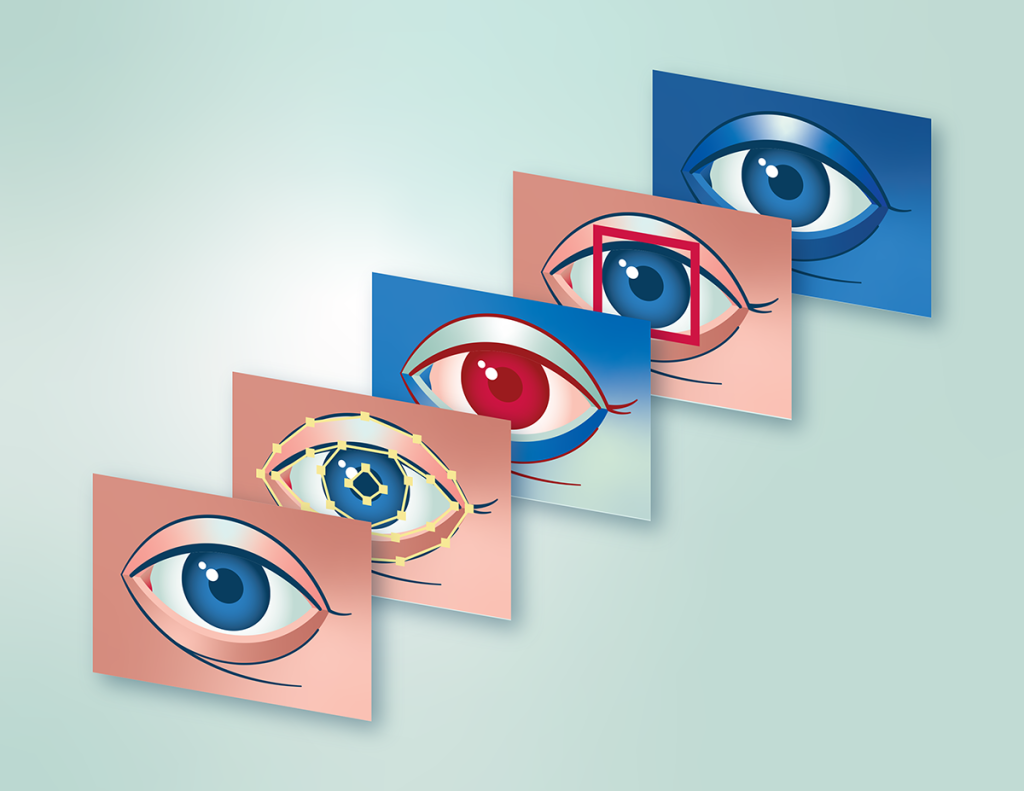 Illustration of multiple images of eyes with diagrams overlaid