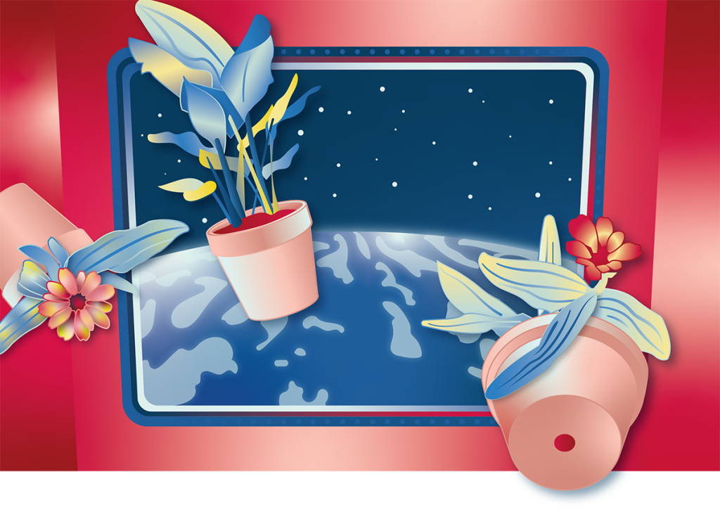 Illustration of potted plants floating in zero gravity in a space ship