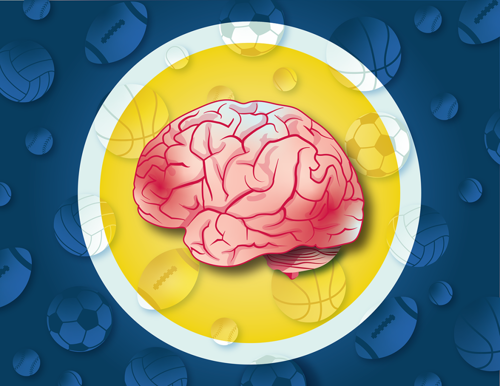 Illustration of human brain surrounded by images of soccer balls, footballs, basketballs, and baseballs