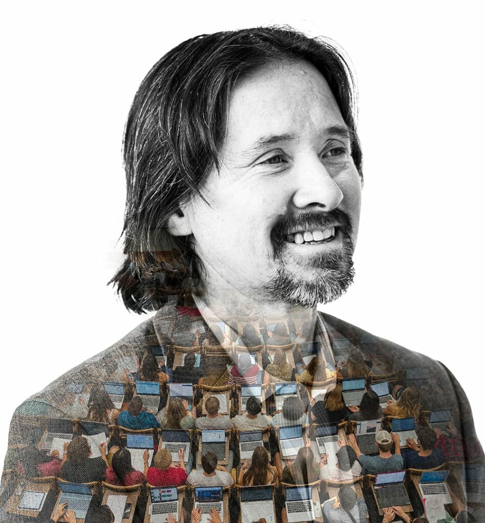 Photo illustration of Matthew Hora overlaid with image of students sitting in lecture hall
