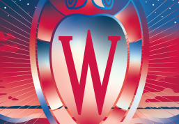 Surrealistic red, blue, and white illustration of the UW crest against a glowing horizon