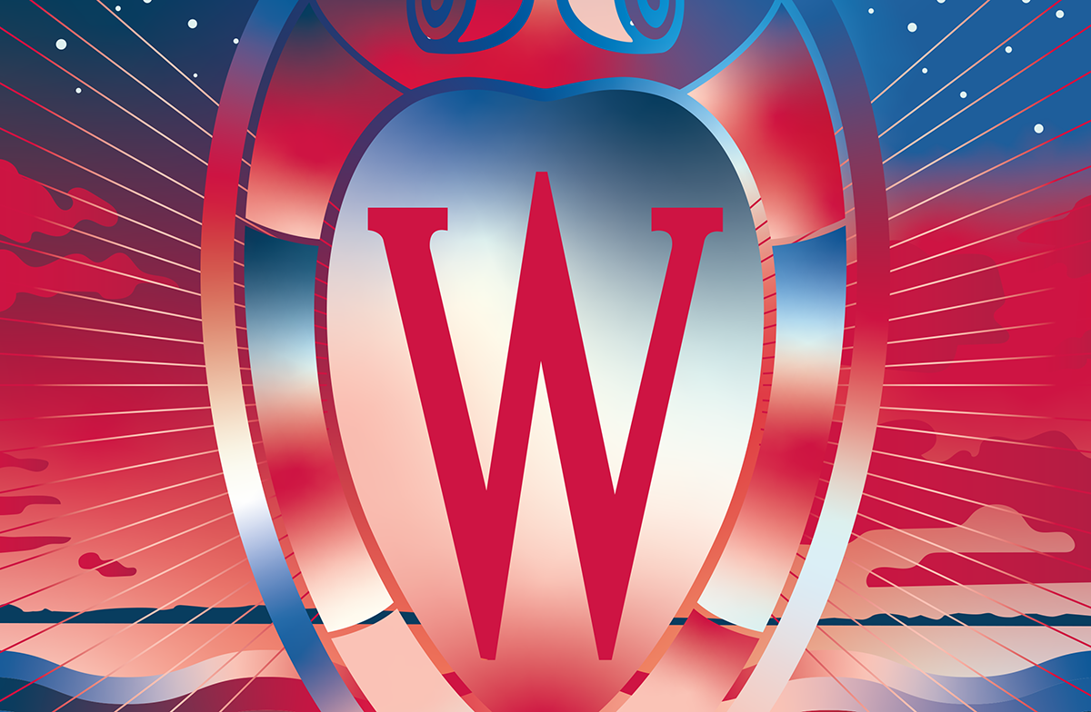 Surrealistic red, blue, and white illustration of the UW crest against a glowing horizon