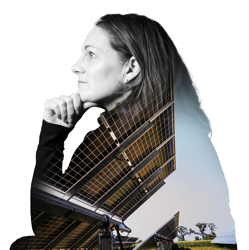 Photo illustration of Cindy Torstvelt overlaid with image of solar panels