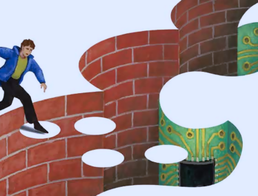 Abstract illustration of person traversing a floating pathway over a brick wall