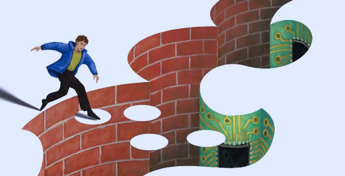 Abstract illustration of person traversing a floating pathway over a brick wall