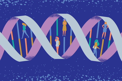 Illustration of gene sequence with figures of people within the structure