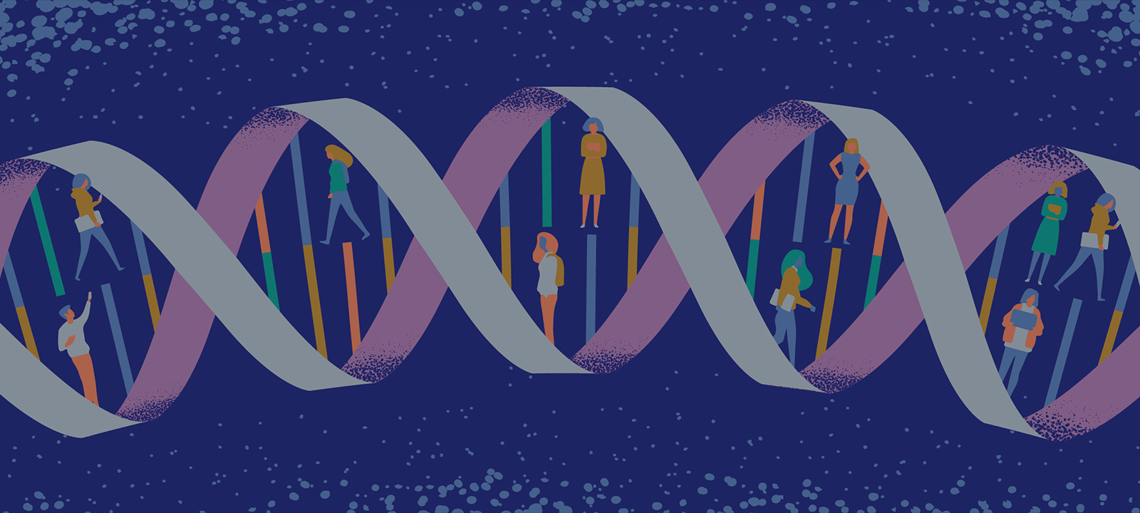 Illustration of gene sequence with figures of people within the structure