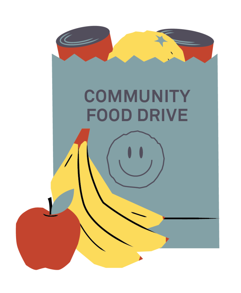 Illustration of bag full of groceries that is labeled "Community food drive"