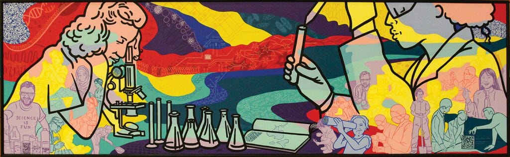 Colorful mural depicting a diverse group of scientists working with test tubes and microscopes