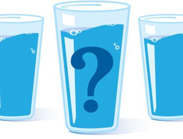 Illustration of three full glasses of water one of which has a question mark on it