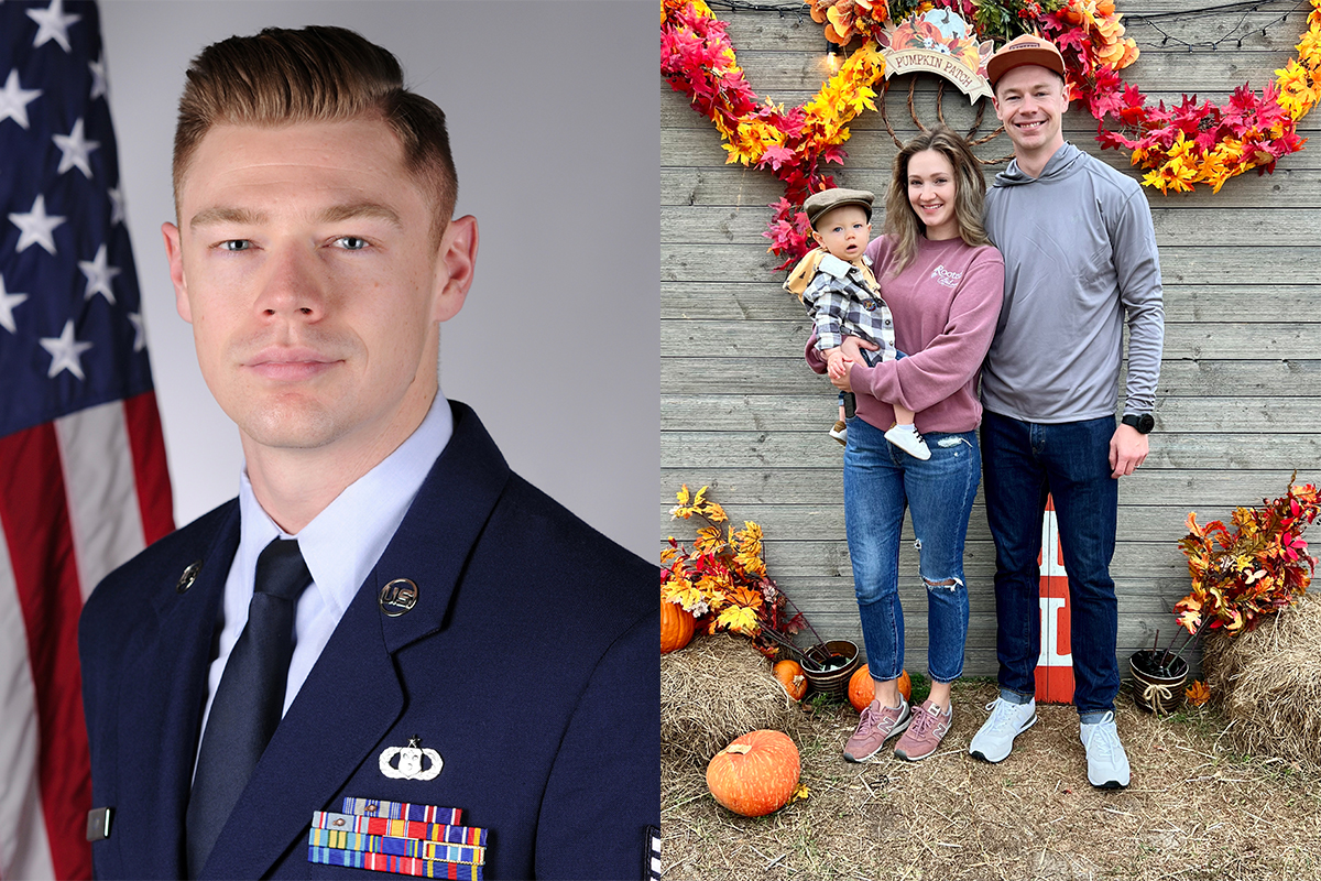 Side-by-side images of Justin Cape in civilian clothes with his family, and in his Air Force dress blues.