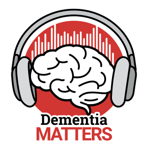 Logo for the podcast Dementia Matters, which depicts a brain wearing headphones.