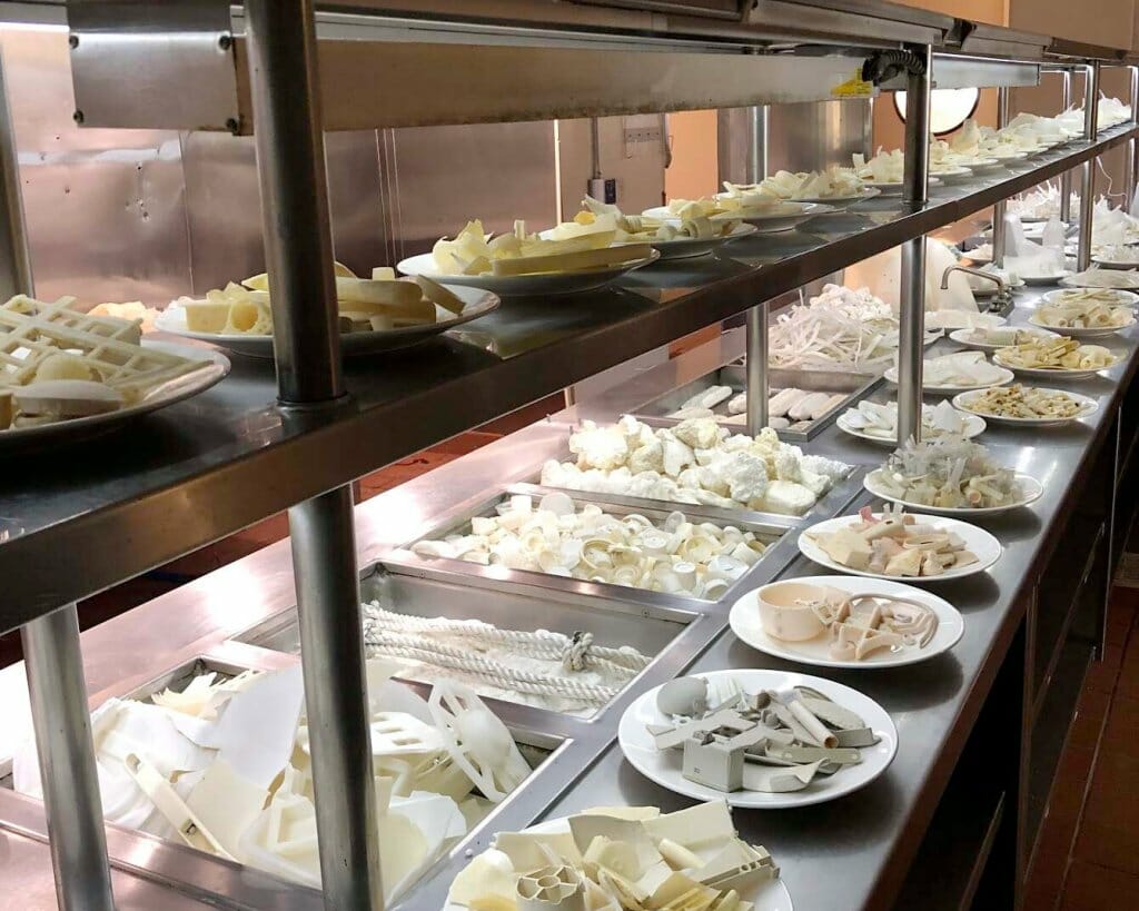 A long, deli-style counter is set up with serving dishes and plates, but everything on them is made of white, discarded plastic.
