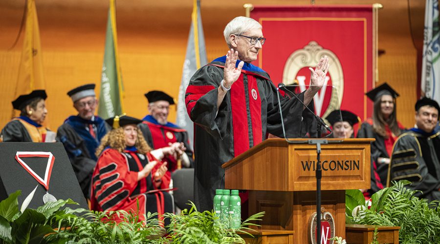 Wisconsin Governor Tony Evers speaks during an Investiture Ceremony at the Hamel Music Center installing Chancellor Jennifer L. Mnookin as the 30th leader of the University of Wisconsin–Madison on April 14, 2023. The event is part of Investiture Week, a series of special campus events planned for April 10-15 to celebrate the university and formally welcome Mnookin as chancellor. (Photo by Bryce Richter / UW–Madison)