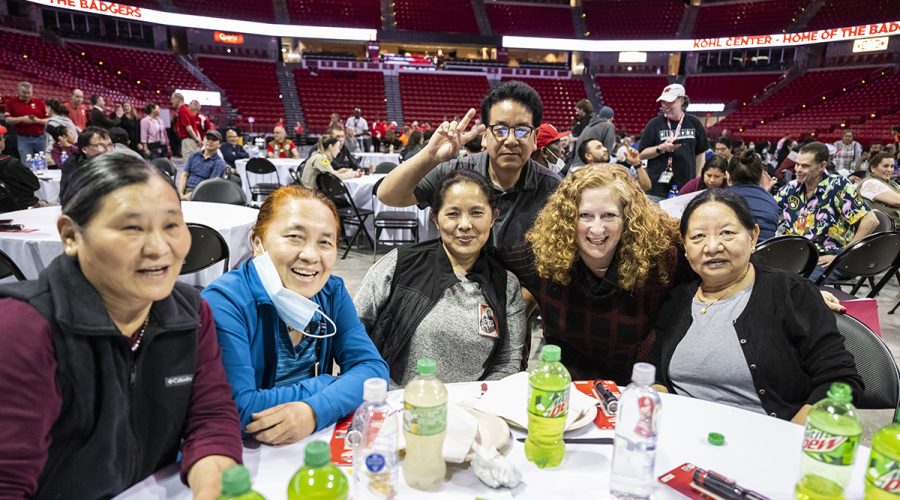 Chancellor Jennifer Mnookin poses for a photo with a group of second- and third-shift employees during recognition event at the Kohl Center at the University of Wisconsin–Madison on April 11, 2023. The event – part of Investiture Week – included food and beverages, music by the UW Band, an appearance by mascot Bucky Badger, and remarks of thanks from Chancellor Jennifer Mnookin. Investiture Week is a series of special campus events planned for April 10-15 to celebrate the university and formally welcome Jennifer L. Mnookin as chancellor and the 30th leader of the UW-Madison. (Photo by Jeff Miller / UW–Madison)