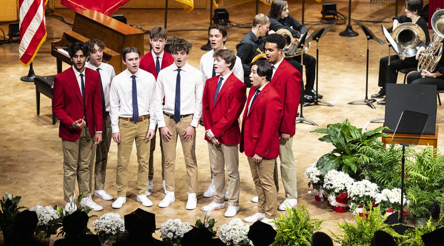 UW–Madison student group The MadHatters perform an a cappella version of “Varsity” during an Investiture Ceremony at the Hamel Music Center to install Chancellor Jennifer L. Mnookin as the 30th leader of the University of Wisconsin–Madison on April 14, 2023. The event is part of Investiture Week, a series of special campus events planned for April 10-15 to celebrate the university and formally welcome Mnookin as chancellor. (Photo by Jeff Miller / UW–Madison)
