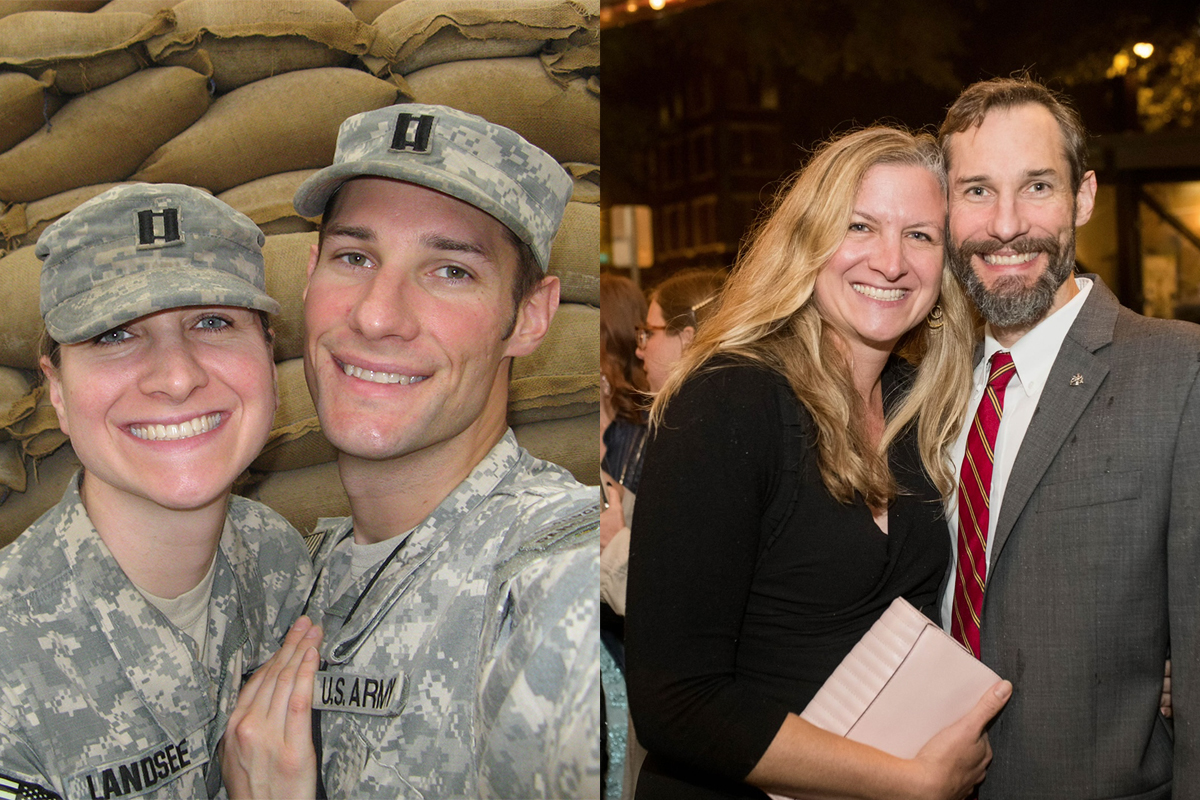 Side-by-side images of couple Rachel and Adam Landsee in uniform and in civilian clothes.