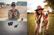 Side-by-side images of air force F-16 crew chief Abigail Lindsay overseas in uniform, and in civilian clothes posing with her dog.