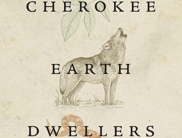 A portion of a book cover "Cherokee Earth Dwellers" depicting illustrations of a plant, a wolf and a snake.