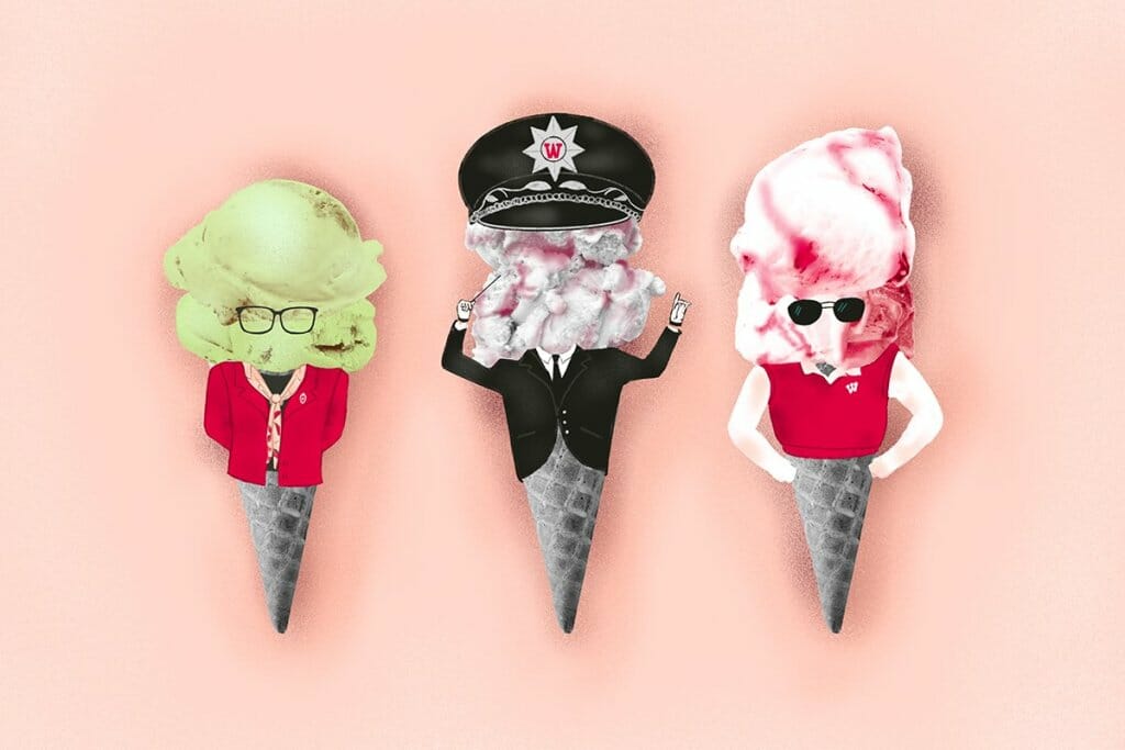 Three ice cream cones personified as former chancellor Rebecca Blank (Bec-Key Lime Pie), former band director Mike Leckrone (March On Leckrone), and former chancellor Biddy Martin (Strawbiddy Swirl).
