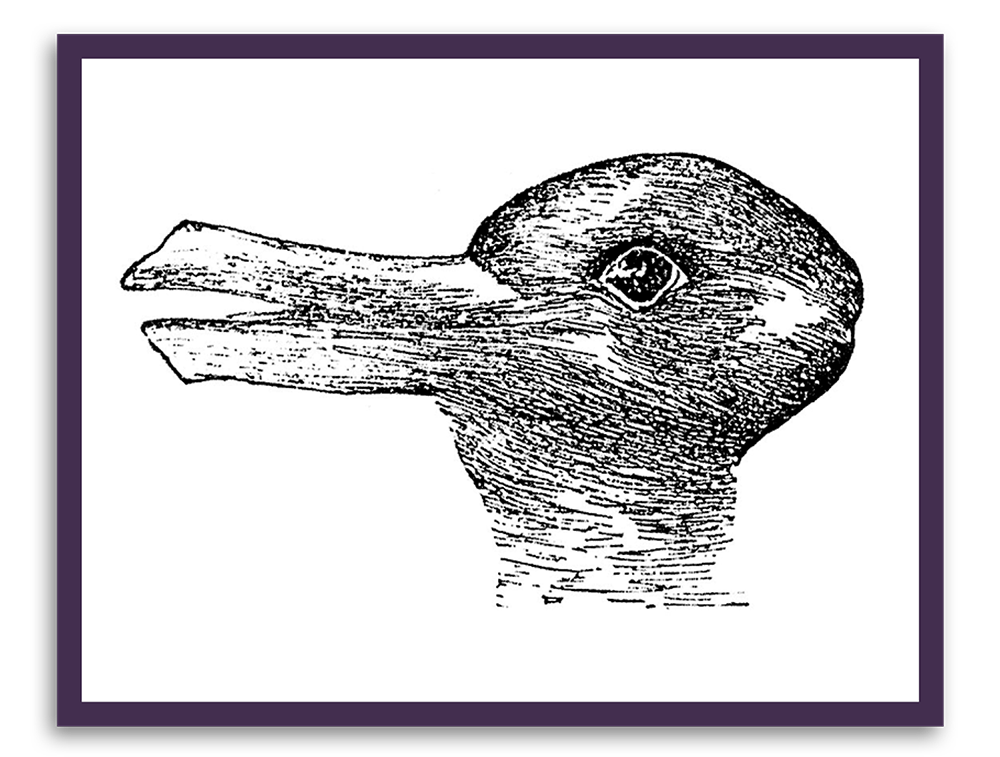 Line drawing of a figure that could be a duck or rabbit depending on how you look at it