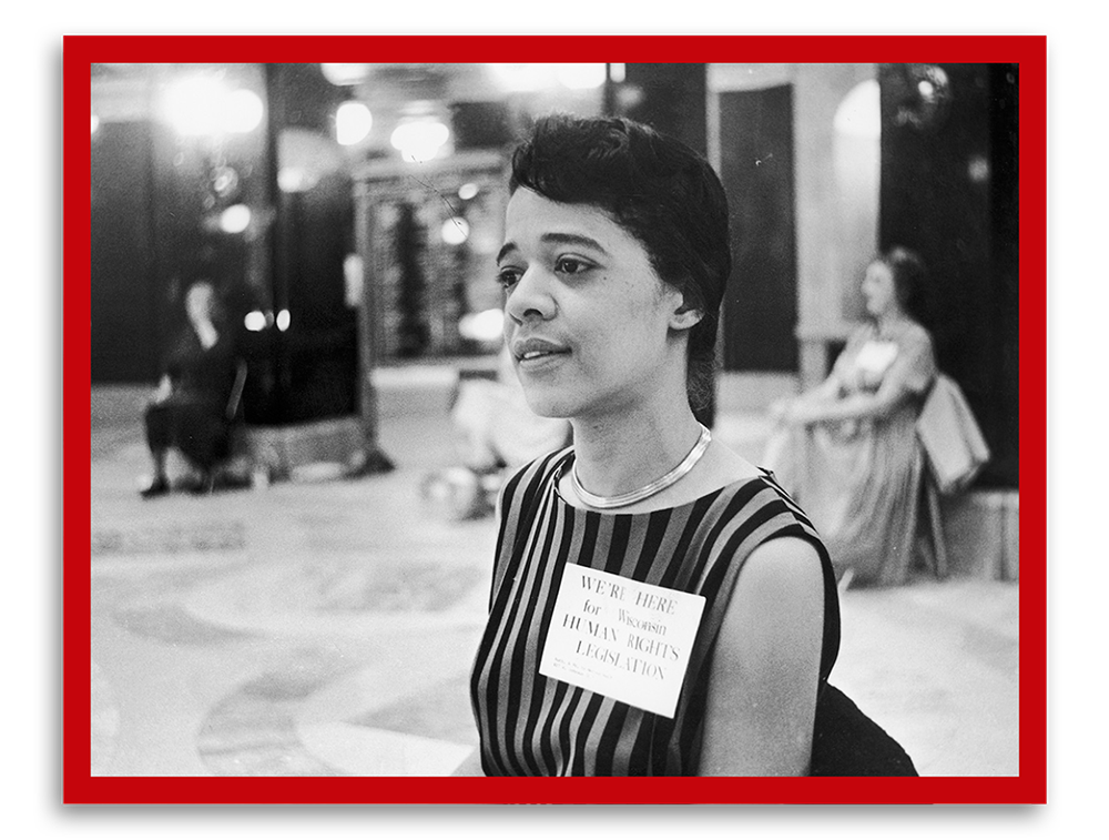 Black and white photo of Vel Phillips at the Wisconsin capitol