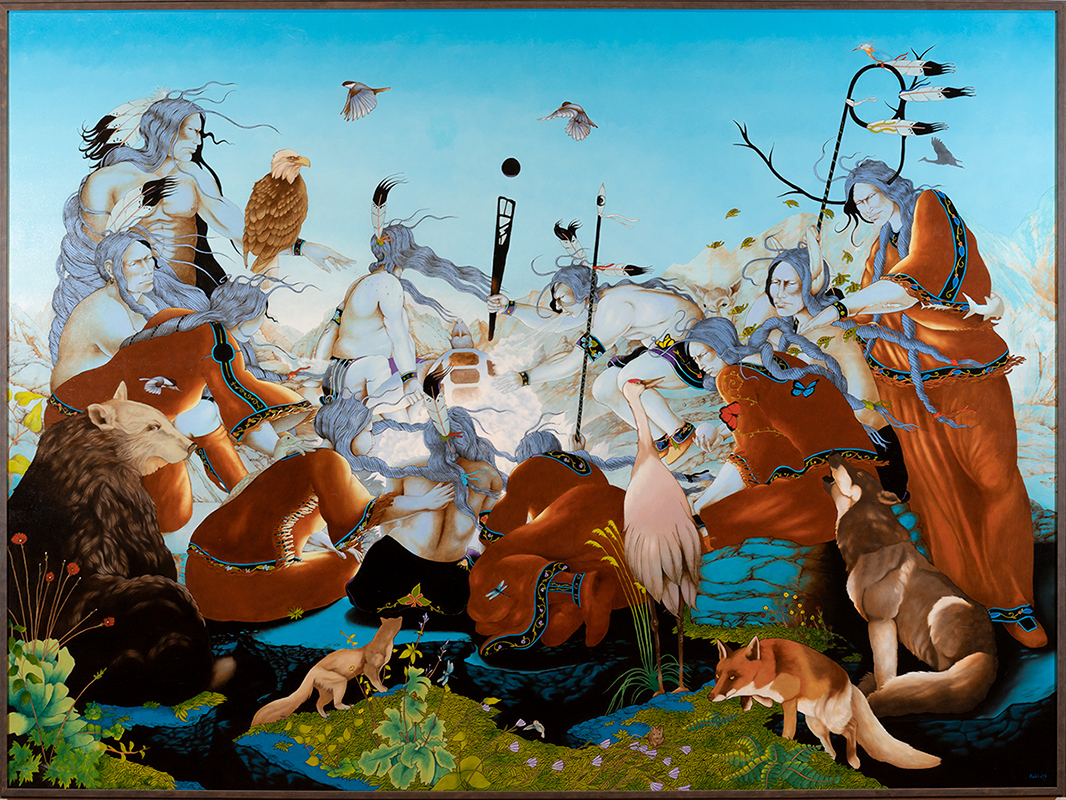 Renaissance-style painting depicting Ojibwe spirits and animals