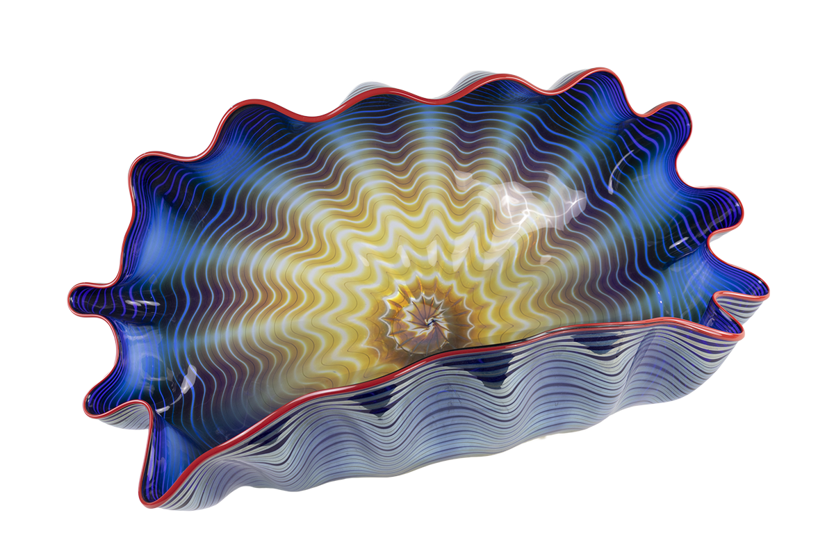 Blue and yellow Chihuly glass sculpture in the shape of a shell