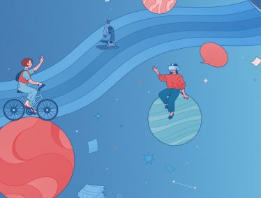 Illustration of people riding on top of small planets amidst a blue wave