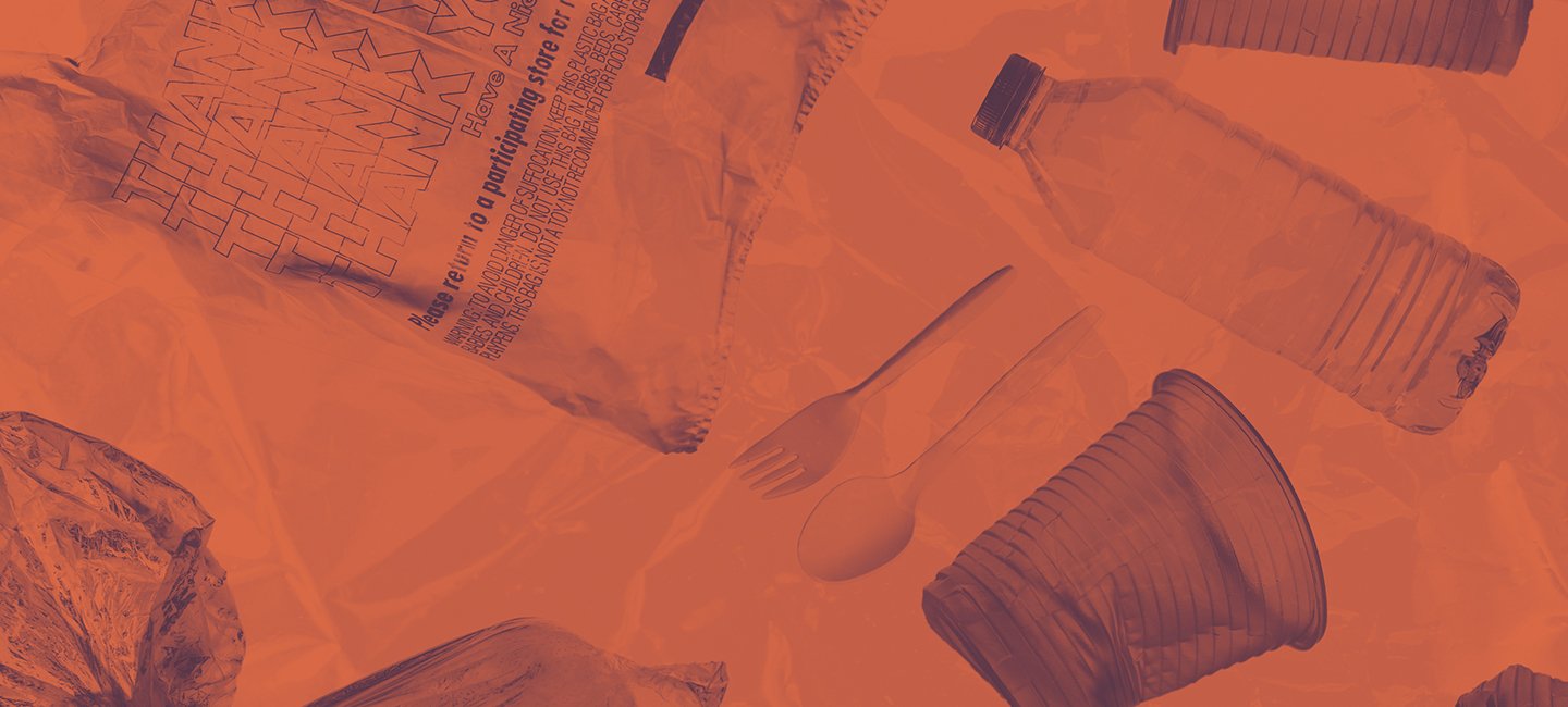 Orange-tinted photo illustration of plastic refuse including cups, a bag, and fork