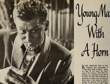 Old newspaper clipping with photos from the movie "Young Man with a Horn" with Kirk Douglas playing the trumpet