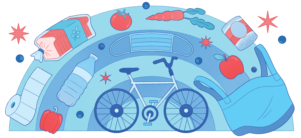 Illustration of bicycle surrounded by food items, a water bottle, and a mask