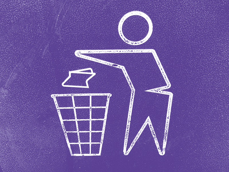 Illustration of white outline of person throwing refuse in a bin