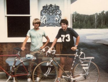 A 1973 photo of Nick Schmelter and Mark Blaskey standing with their bikes