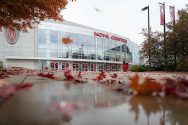 Exterior of the Kohl Center on a rainy day