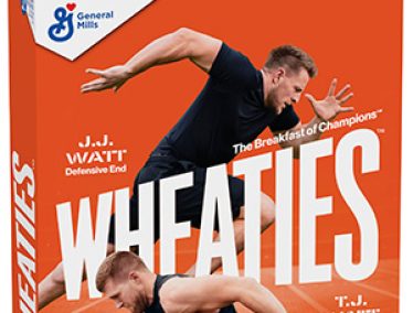 A Wheaties cereal box shows the Watt brothers working out